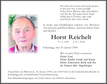 Traueranzeige von Horst Reichelt von Der Westallgäuer