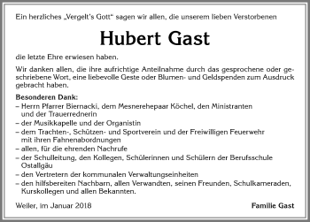 Traueranzeige von Hubert Gast von Allgäuer Zeitung, Marktoberdorf