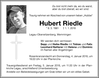Traueranzeige von Hubert Riedle von Memminger Zeitung