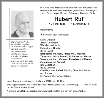 Traueranzeige von Hubert Ruf von Allgäuer Zeitung,Kempten