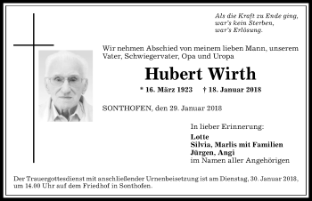 Traueranzeige von Hubert Wirth von Allgäuer Anzeigeblatt