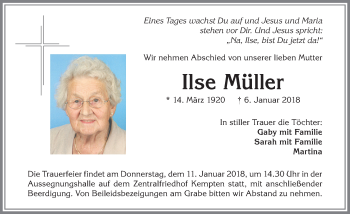 Traueranzeige von Ilse Müller von Allgäuer Zeitung,Kempten