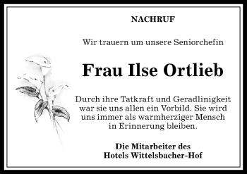 Traueranzeige von Ilse Ortlieb von Allgäuer Anzeigeblatt