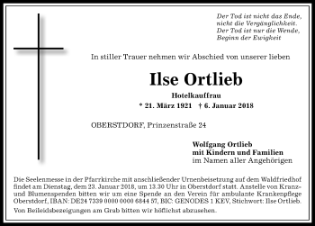 Traueranzeige von Ilse Ortlieb von Allgäuer Anzeigeblatt