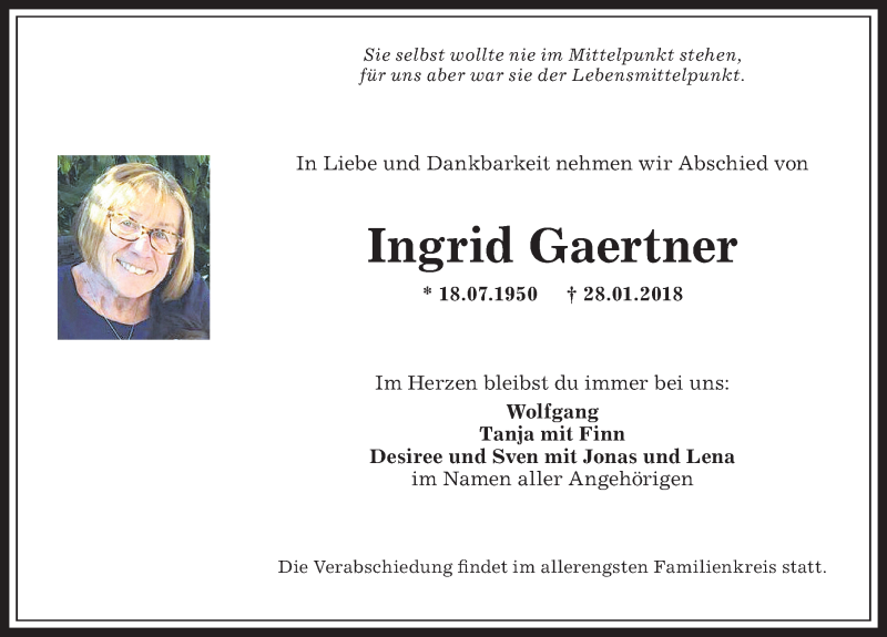  Traueranzeige für Ingrid Gaertner vom 31.01.2018 aus Allgäuer Anzeigeblatt