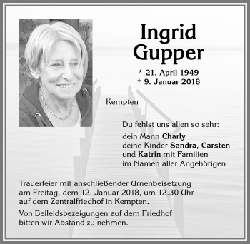 Traueranzeige von Ingrid Gupper von Allgäuer Zeitung,Kempten