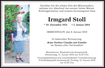 Traueranzeige von Irmgard Stoll von Allgäuer Anzeigeblatt