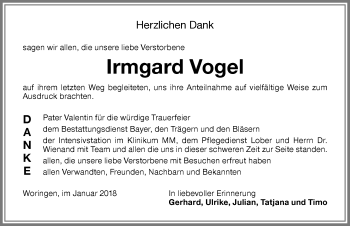 Traueranzeige von Irmgard Vogel von Memminger Zeitung