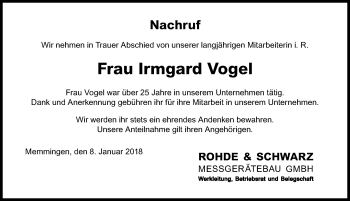 Traueranzeige von Irmgard Vogel von Memminger Zeitung