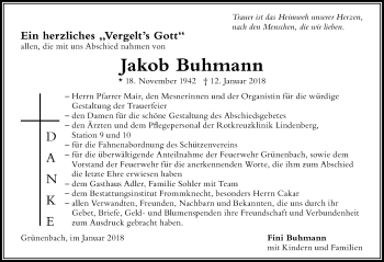 Traueranzeige von Jakob Buhmann von Der Westallgäuer