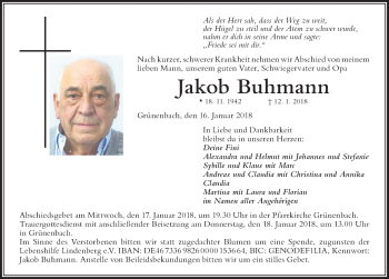 Traueranzeige von Jakob Buhmann von Der Westallgäuer