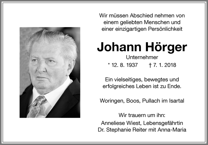  Traueranzeige für Johann Hörger vom 10.01.2018 aus Memminger Zeitung