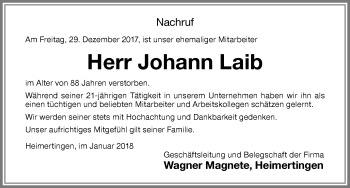 Traueranzeige von Johann Laib von Memminger Zeitung