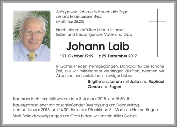 Traueranzeige von Johann Laib von Memminger Zeitung