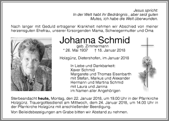 Traueranzeige von Johanna Schmid von Memminger Zeitung