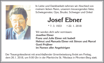 Traueranzeige von Josef Ebner von Allgäuer Zeitung, Füssen