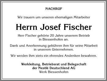 Traueranzeige von Josef Fischer von Allgäuer Zeitung