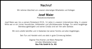 Traueranzeige von Josef Maier von Memminger Zeitung