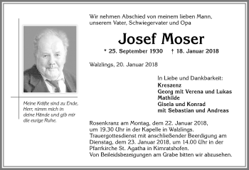 Traueranzeige von Josef Moser von Allgäuer Zeitung,Kempten