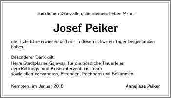 Traueranzeige von Josef Peiker von Allgäuer Zeitung,Kempten