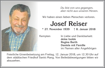 Traueranzeige von Josef Reiser von Allgäuer Zeitung,Kempten