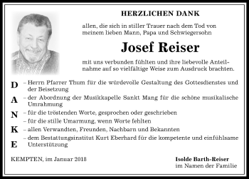 Traueranzeige von Josef Reiser von Allgäuer Zeitung