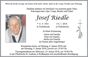 Traueranzeige von Josef Riedle von Allgäuer Zeitung, Füssen