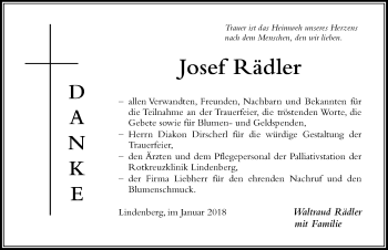 Traueranzeige von Josef Rädler von Der Westallgäuer