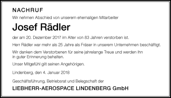 Traueranzeige von Josef Rädler von Der Westallgäuer