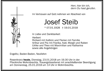Traueranzeige von Josef Steib von Der Westallgäuer