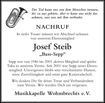 Traueranzeige von Josef Steib von Der Westallgäuer