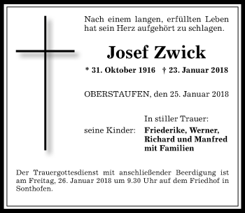 Traueranzeige von Josef Zwick von Allgäuer Anzeigeblatt