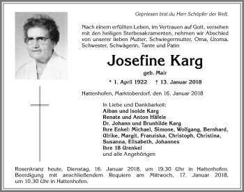 Traueranzeige von Josefine Karg von Allgäuer Zeitung, Marktoberdorf
