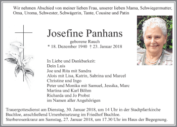 Traueranzeige von Josefine Panhans von Allgäuer Zeitung, Kaufbeuren/Buchloe