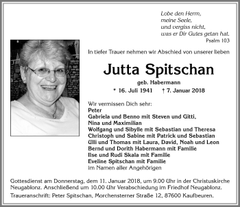 Traueranzeige von Jutta Spitschan von Allgäuer Zeitung, Kaufbeuren/Buchloe