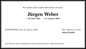 Traueranzeige von Jürgen Weber von Allgäuer Anzeigeblatt