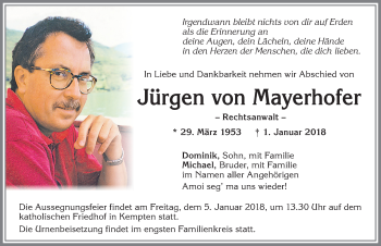 Traueranzeige von Jürgen von Mayerhofer von Allgäuer Zeitung,Kempten
