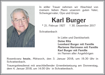 Traueranzeige von Karl Burger von Allgäuer Zeitung,Kempten
