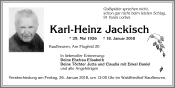 Traueranzeige von Karl-Heinz Jackisch von Allgäuer Zeitung, Kaufbeuren/Buchloe