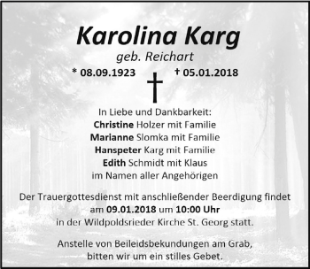 Traueranzeige von Karolina Karg von Allgäuer Zeitung,Kempten