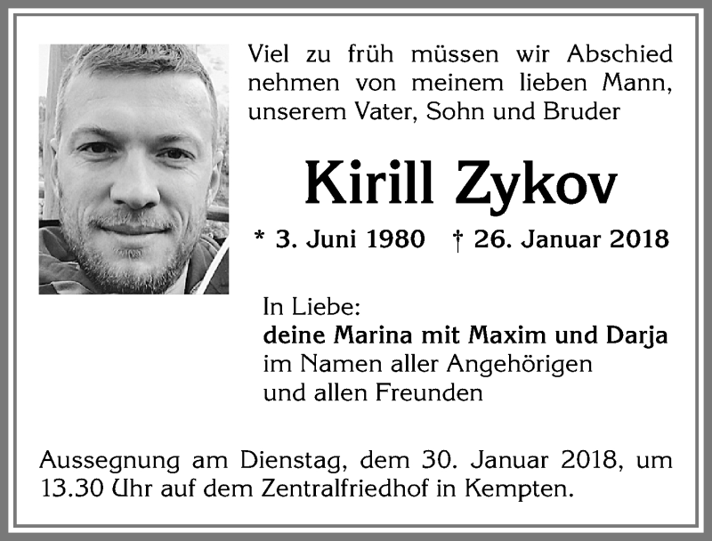  Traueranzeige für Kirill Zykov vom 29.01.2018 aus Allgäuer Zeitung,Kempten