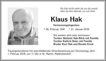 Traueranzeige von Klaus Hak von Allgäuer Zeitung, Marktoberdorf