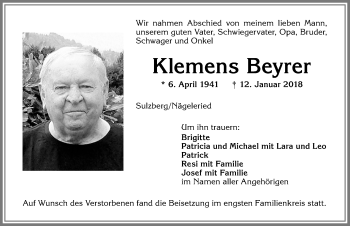 Traueranzeige von Klemens Beyrer von Allgäuer Zeitung,Kempten