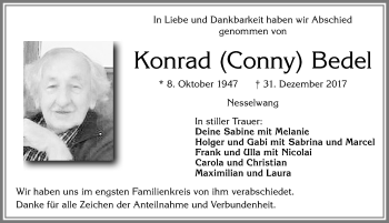 Traueranzeige von Konrad Bedel von Allgäuer Zeitung, Füssen