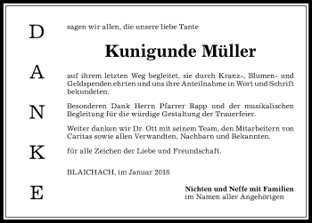Traueranzeige von Kunigunde Müller von Allgäuer Anzeigeblatt