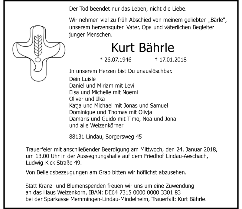 Traueranzeigen Von Kurt Bahrle Trauer Im Allgaeu De