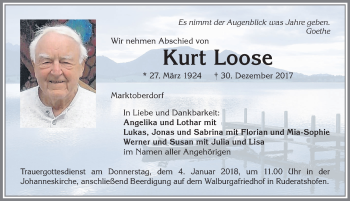 Traueranzeige von Kurt Loose von Allgäuer Zeitung, Marktoberdorf