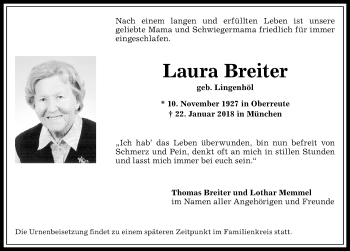 Traueranzeige von Laura Breiter von Allgäuer Anzeigeblatt