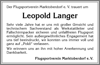 Traueranzeige von Leopold Langer von Allgäuer Zeitung, Marktoberdorf