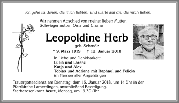Traueranzeige von Leopoldine Herb von Allgäuer Zeitung, Kaufbeuren/Buchloe